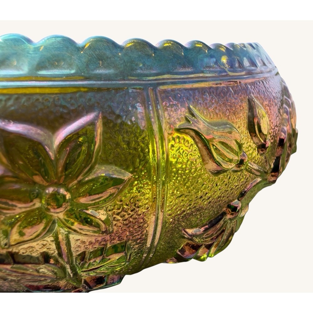 Vintage Imperial Glass Helios Green Carnival Glass Open Rose Bowl Iridescent - Picture 6 of 9